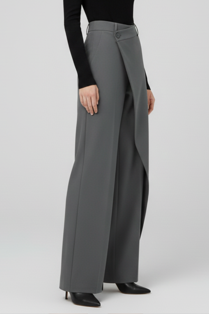 Cornelia | Wide-Leg Trousers Grey Asymmetric Wrap-Front for Women