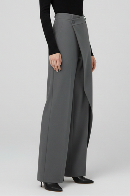 Cornelia | Wide-Leg Trousers Grey Asymmetric Wrap-Front for Women
