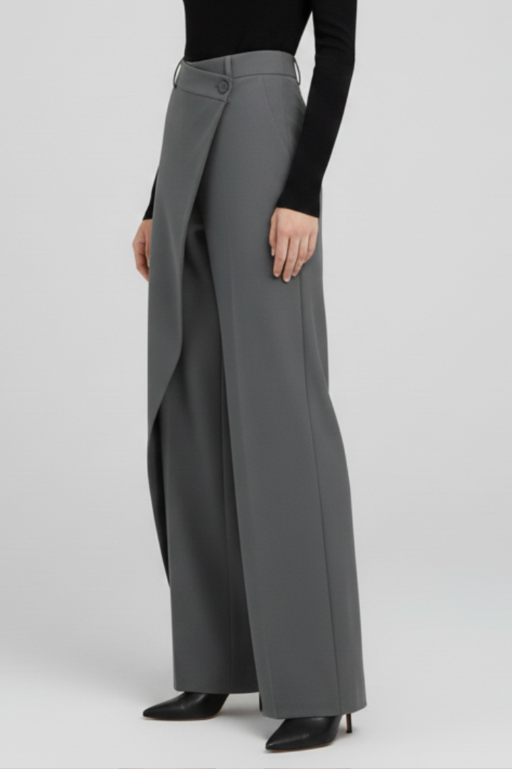Cornelia | Wide-Leg Trousers Grey Asymmetric Wrap-Front for Women