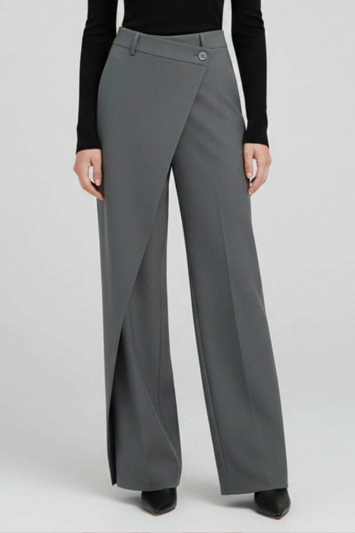 Cornelia | Wide-Leg Trousers Grey Asymmetric Wrap-Front for Women