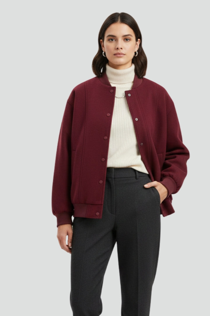 Norah | Bomber Jacket Burgundy Ribbed Trim for Women