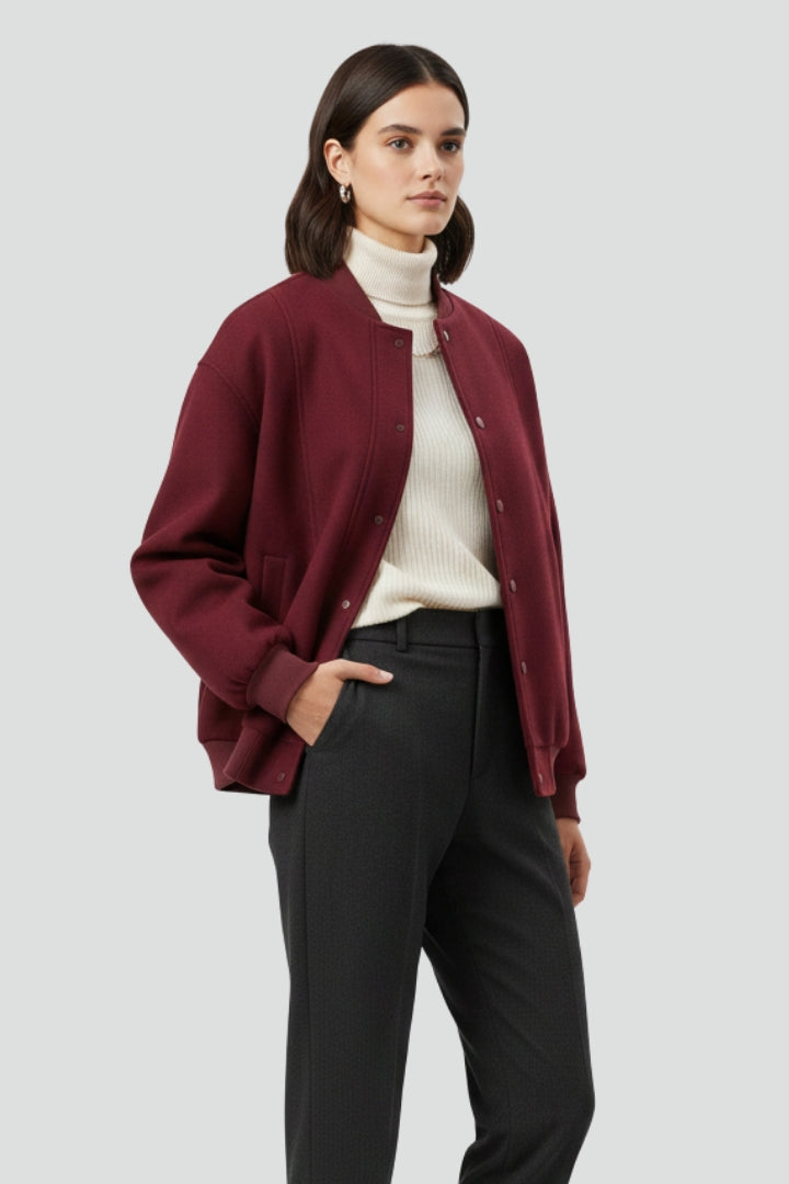 Norah | Bomber Jacket Burgundy Ribbed Trim for Women