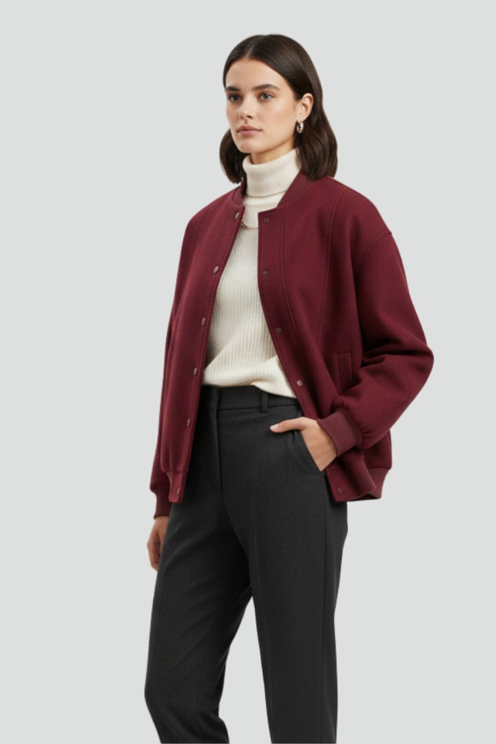 Norah | Bomber Jacket Burgundy Ribbed Trim for Women