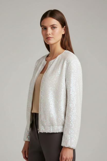 Gwyneth | Zip Jacket Ivory Sequin Round Neck for Women