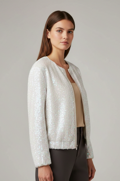 Gwyneth | Zip Jacket Ivory Sequin Round Neck for Women