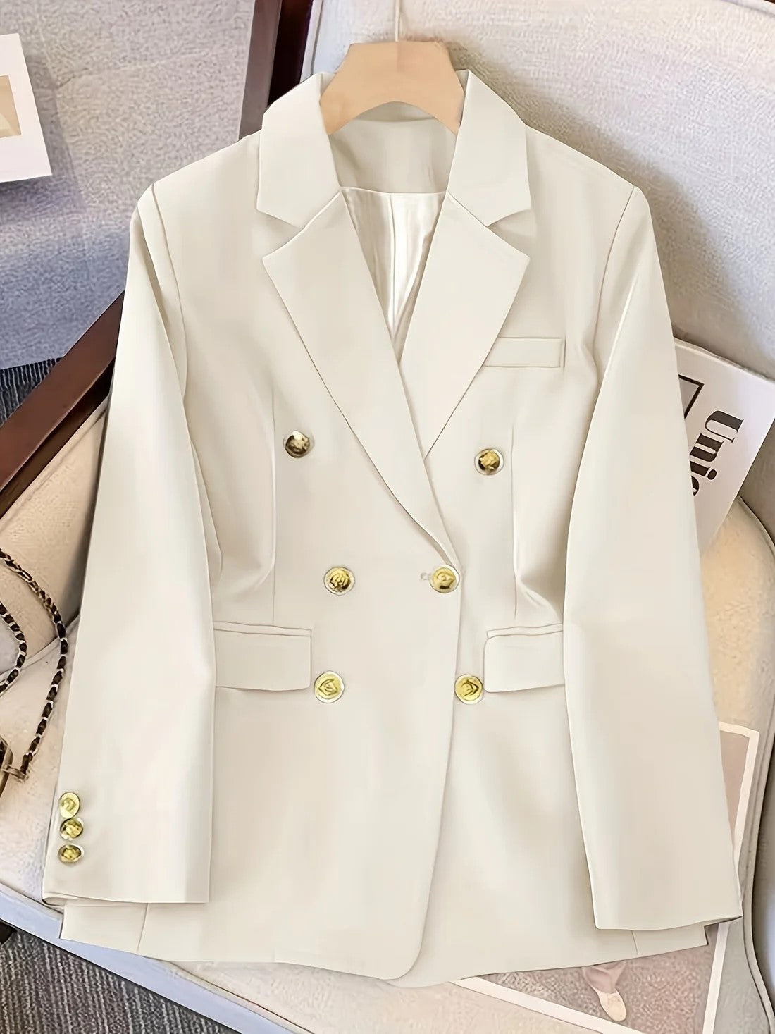 Merryn | Blazer Black Woven Double-Breasted Gold Button for Women