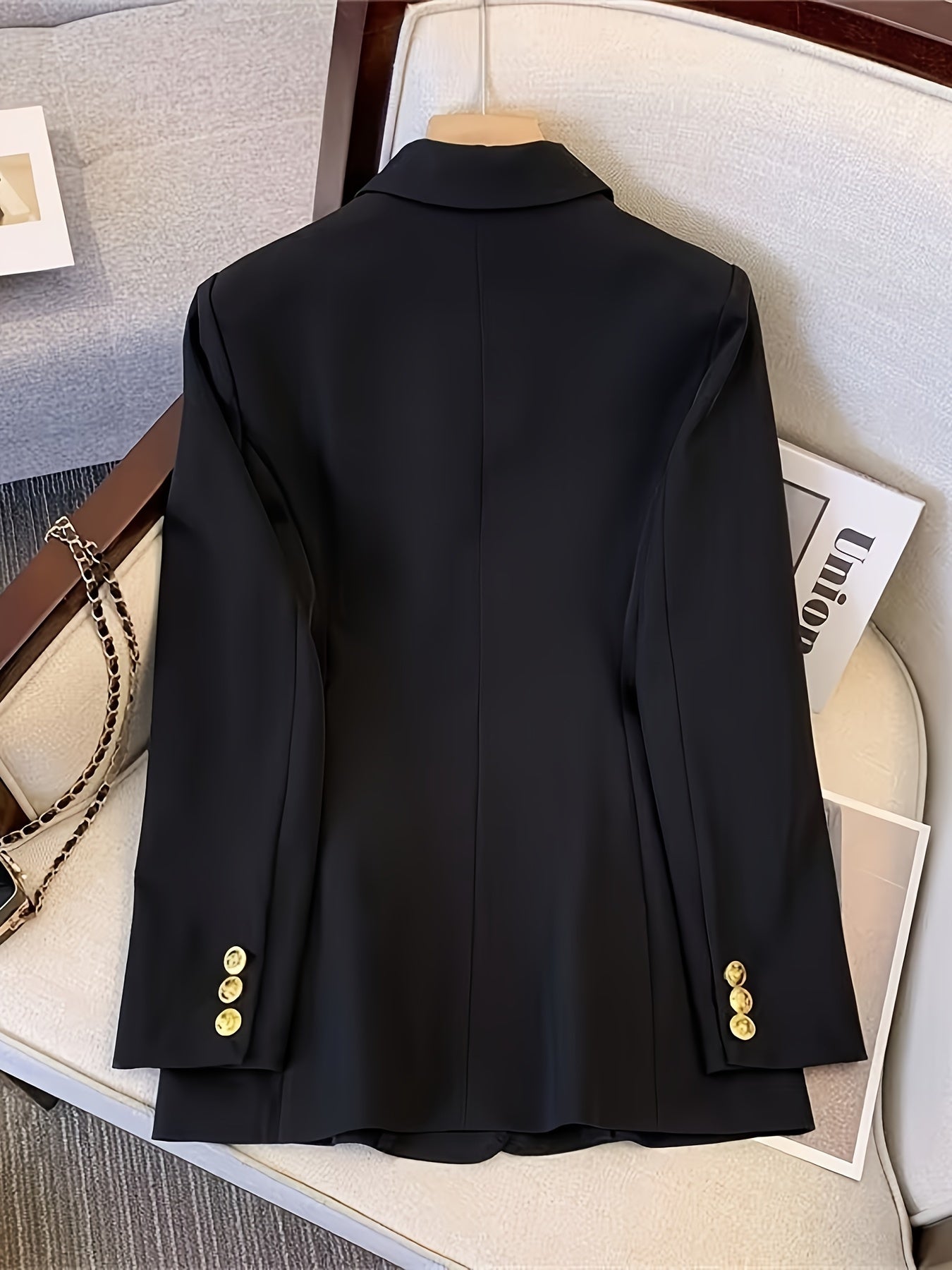 Merryn | Blazer Black Woven Double-Breasted Gold Button for Women