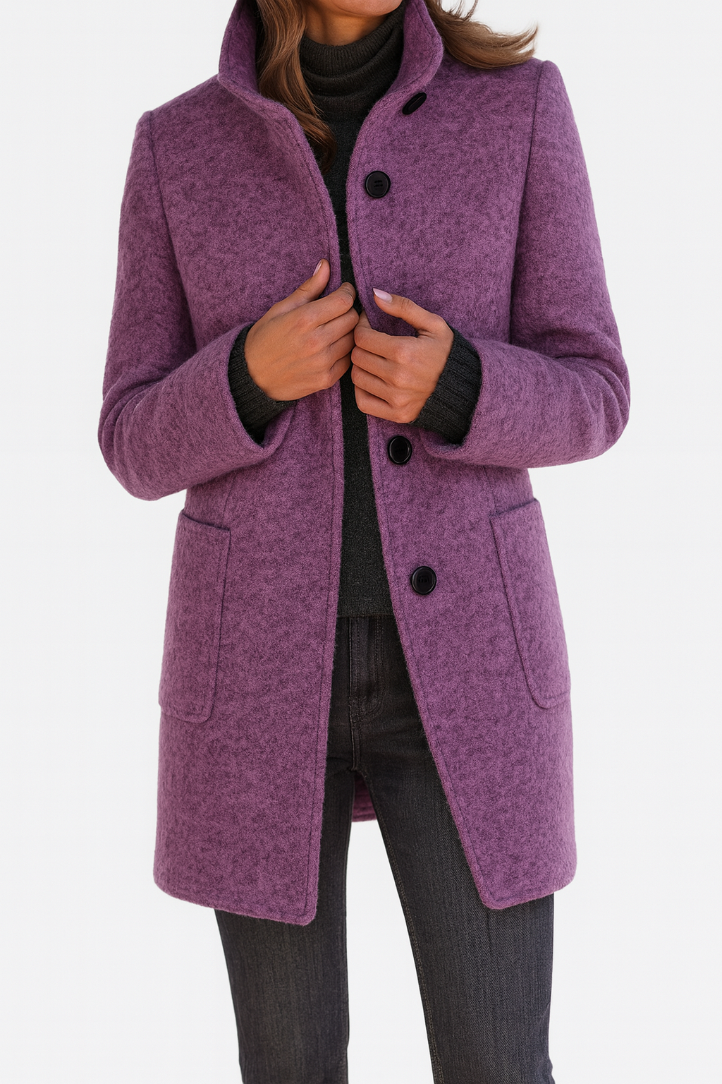 Fern | Wool Blend Overcoat Light Grey Funnel Neck Button Front for Women