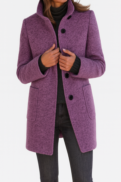 Fern | Wool Blend Overcoat Light Grey Funnel Neck Button Front for Women