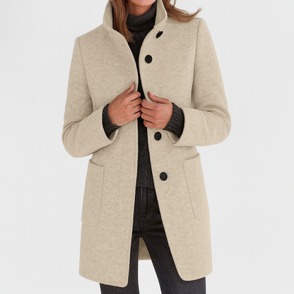 Fern | Wool Blend Overcoat Light Grey Funnel Neck Button Front for Women