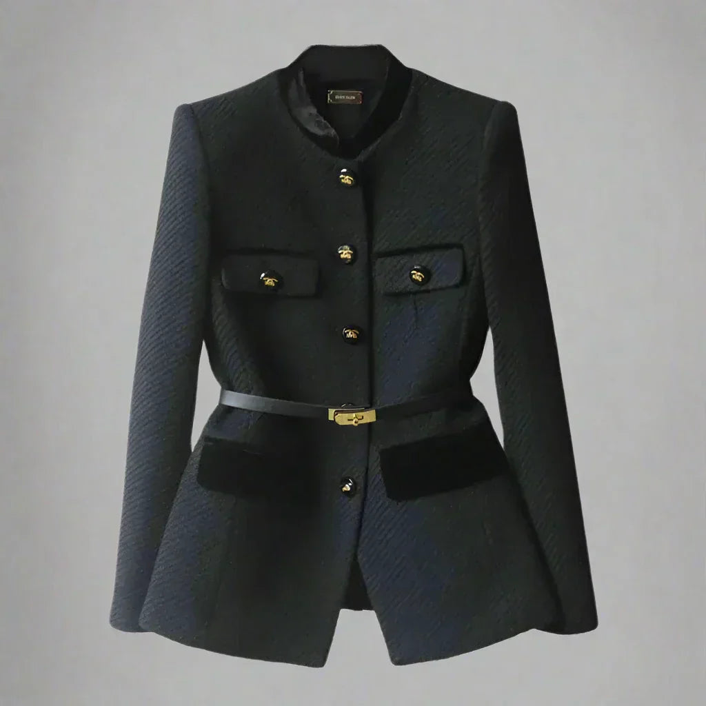 Niamh | Belted Tweed Blazer Ivory Black Trim Wool Button-Front for Women