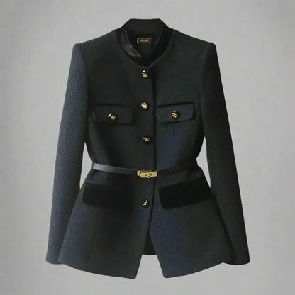 Niamh | Belted Tweed Blazer Ivory Black Trim Wool Button-Front for Women