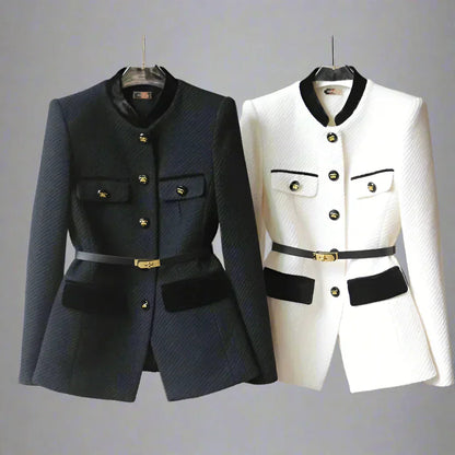 Niamh | Belted Tweed Blazer Ivory Black Trim Wool Button-Front for Women