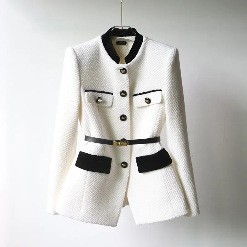 Niamh | Belted Tweed Blazer Ivory Black Trim Wool Button-Front for Women