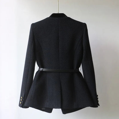 Niamh | Belted Tweed Blazer Ivory Black Trim Wool Button-Front for Women