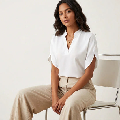 Bethan | Short Sleeve Blouse White Polyester V-Neck for Women