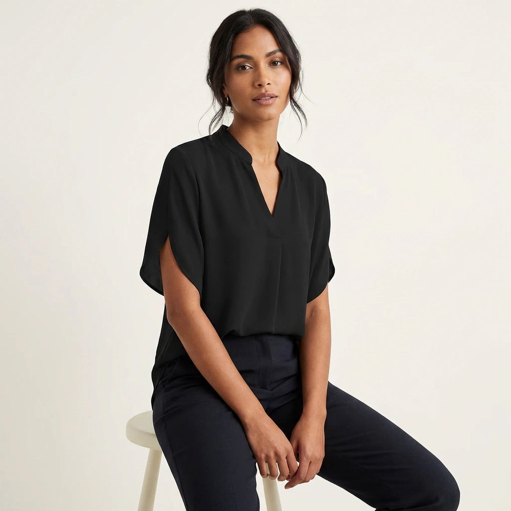 Bethan | Short Sleeve Blouse White Polyester V-Neck for Women