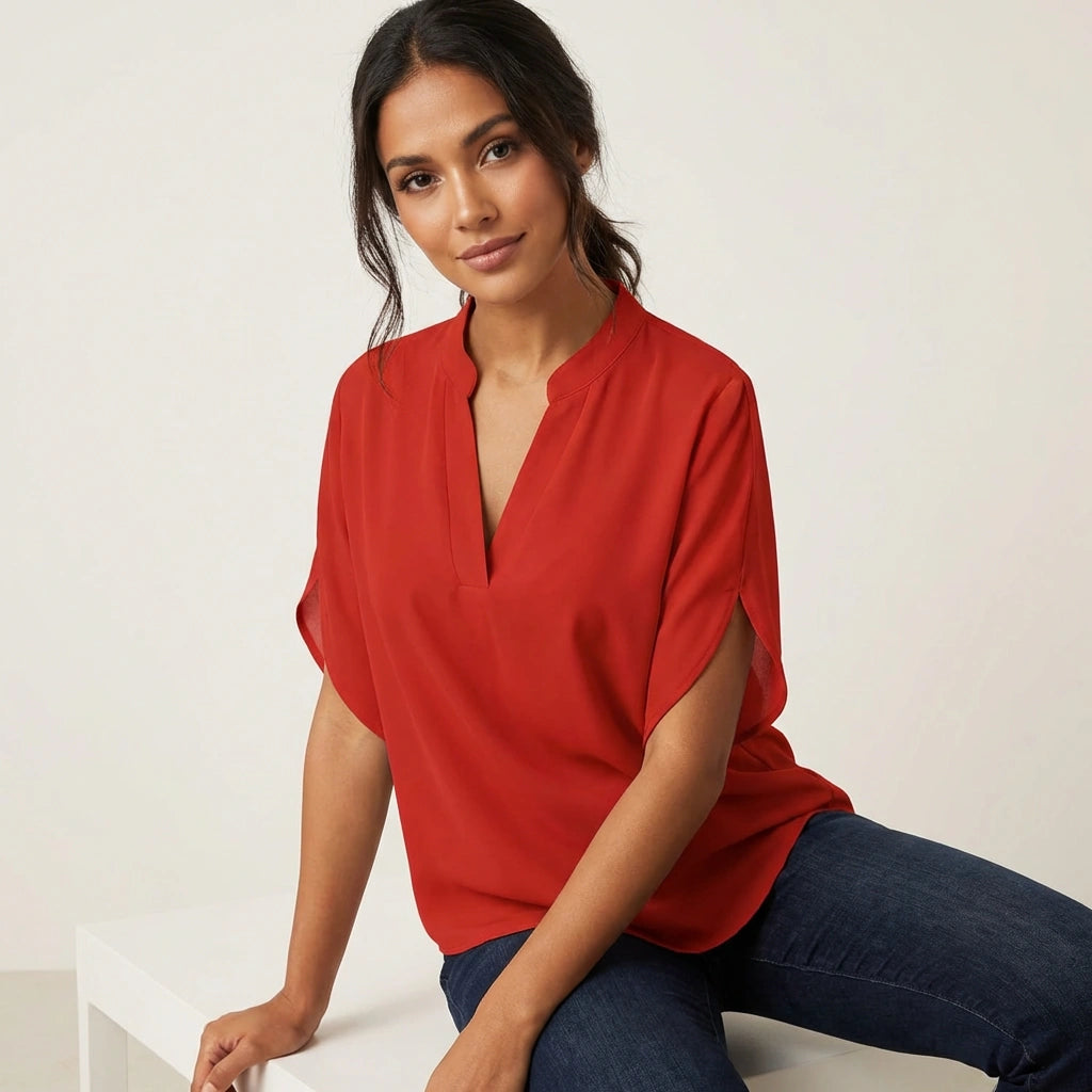 Bethan | Short Sleeve Blouse White Polyester V-Neck for Women