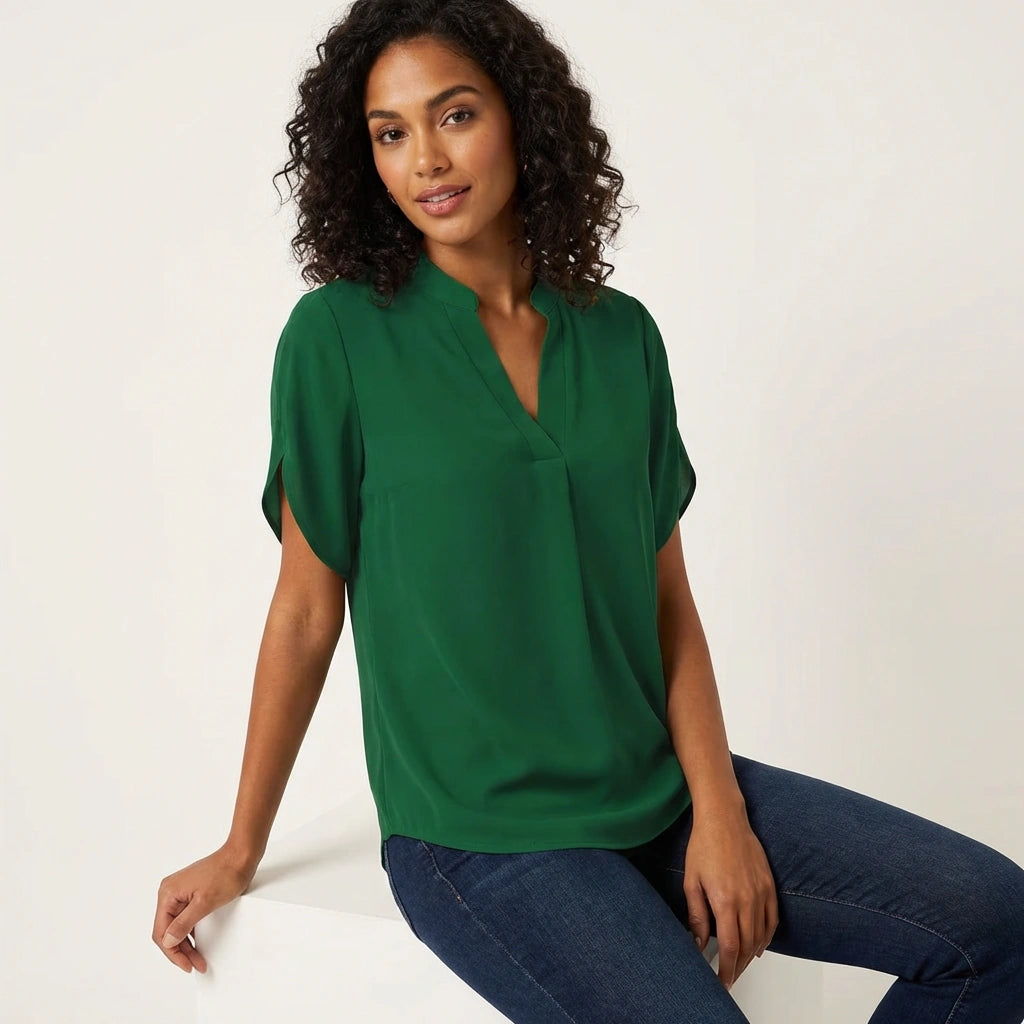 Bethan | Short Sleeve Blouse White Polyester V-Neck for Women