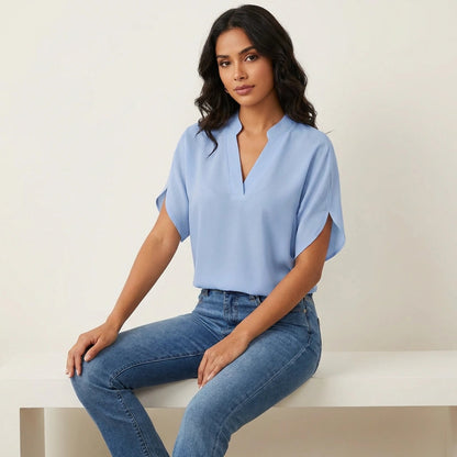 Bethan | Short Sleeve Blouse White Polyester V-Neck for Women