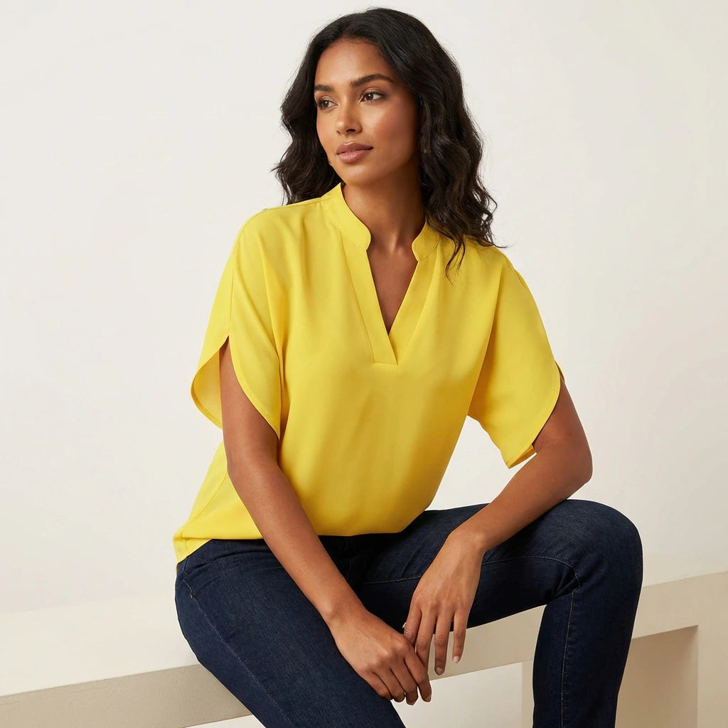 Bethan | Short Sleeve Blouse White Polyester V-Neck for Women