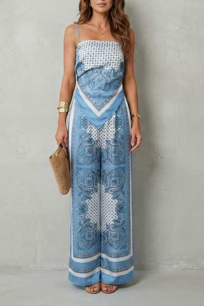 Phoebe | Wide-Leg Jumpsuit Navy Blue Paisley Print Spaghetti Strap for Women