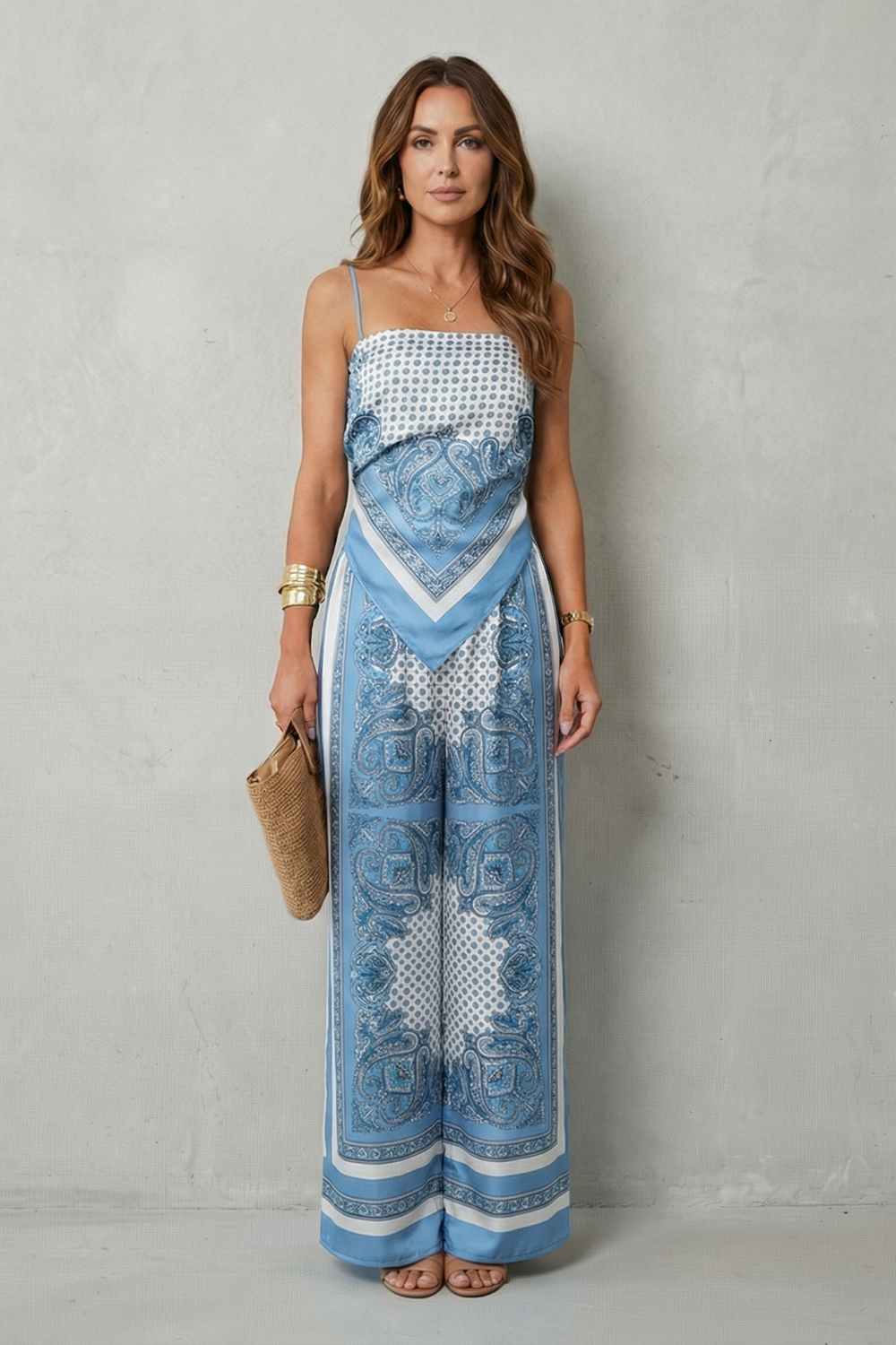 Phoebe | Wide-Leg Jumpsuit Navy Blue Paisley Print Spaghetti Strap for Women