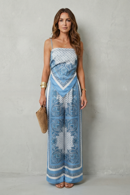 Phoebe | Wide-Leg Jumpsuit Navy Blue Paisley Print Spaghetti Strap for Women