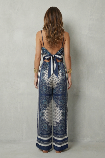 Phoebe | Wide-Leg Jumpsuit Navy Blue Paisley Print Spaghetti Strap for Women