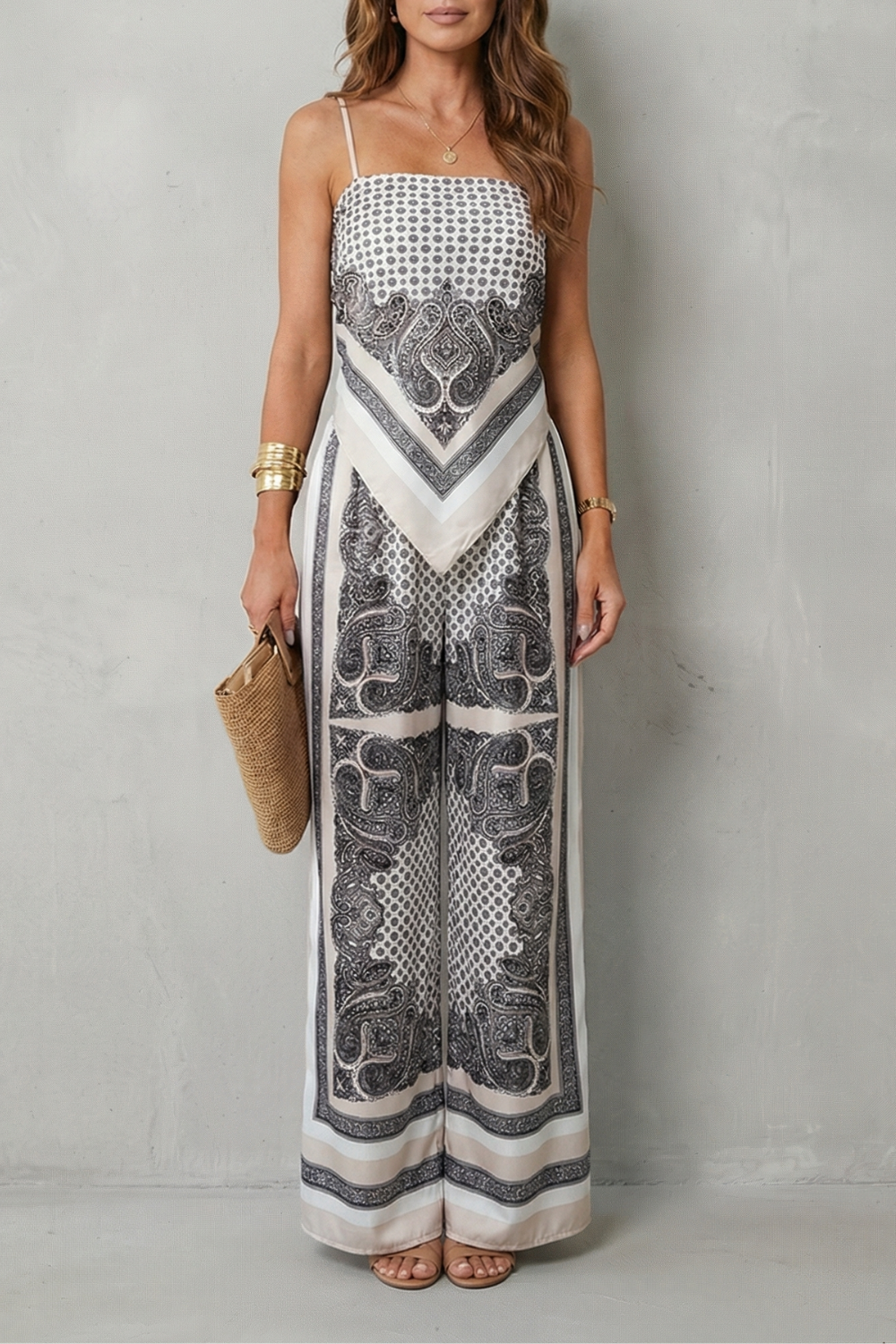 Phoebe | Wide-Leg Jumpsuit Navy Blue Paisley Print Spaghetti Strap for Women