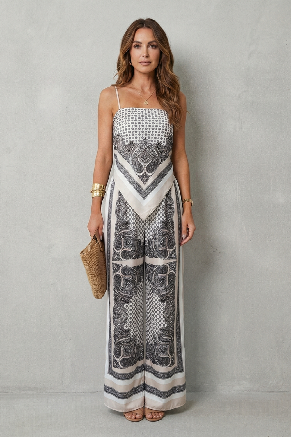 Phoebe | Wide-Leg Jumpsuit Navy Blue Paisley Print Spaghetti Strap for Women