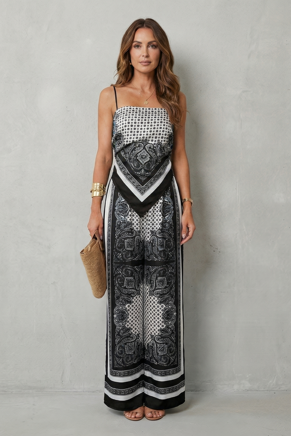 Phoebe | Wide-Leg Jumpsuit Navy Blue Paisley Print Spaghetti Strap for Women