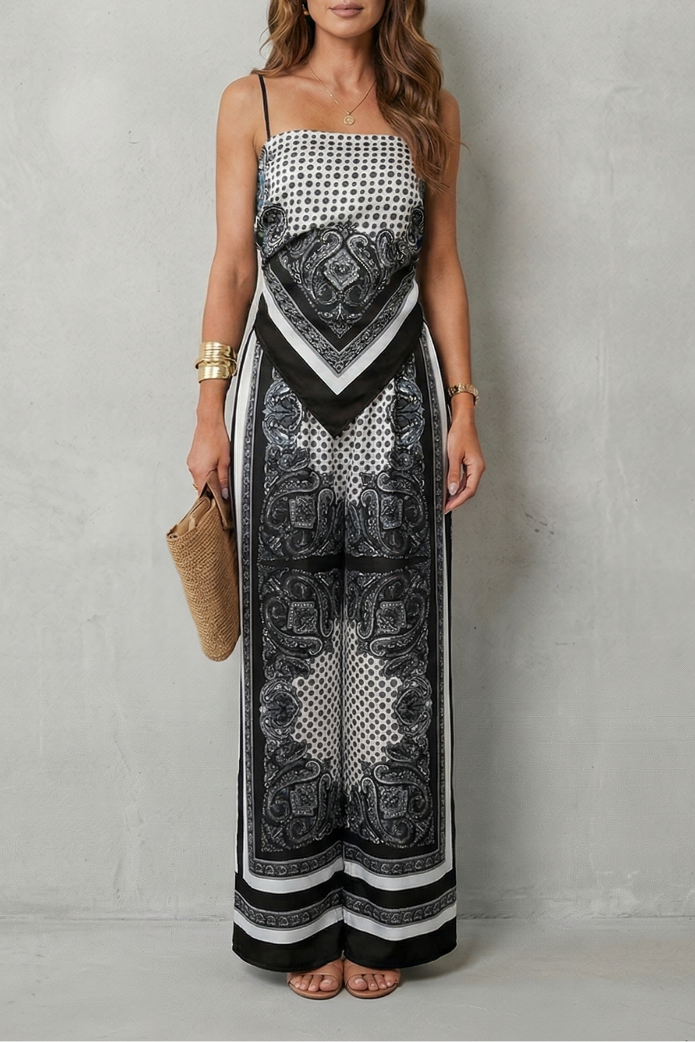 Phoebe | Wide-Leg Jumpsuit Navy Blue Paisley Print Spaghetti Strap for Women