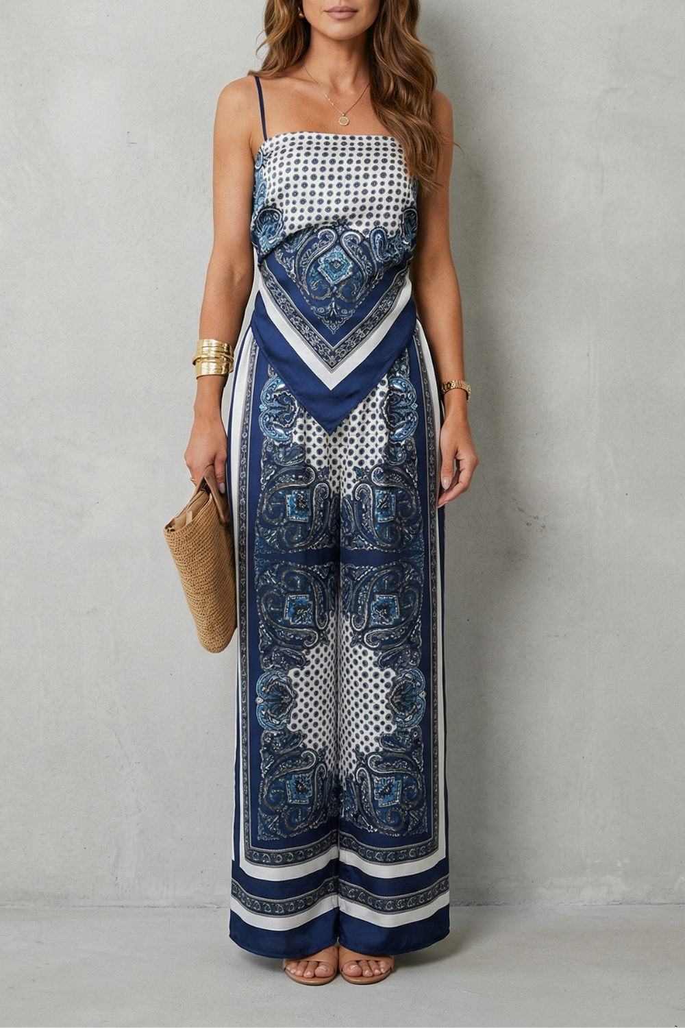 Phoebe | Wide-Leg Jumpsuit Navy Blue Paisley Print Spaghetti Strap for Women
