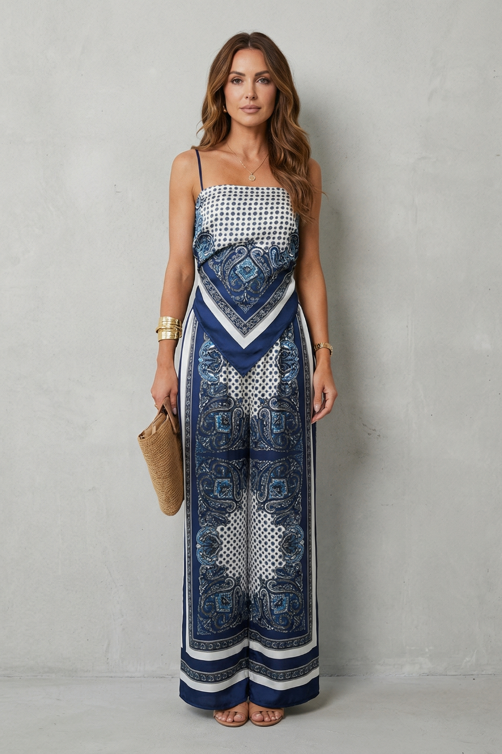 Phoebe | Wide-Leg Jumpsuit Navy Blue Paisley Print Spaghetti Strap for Women