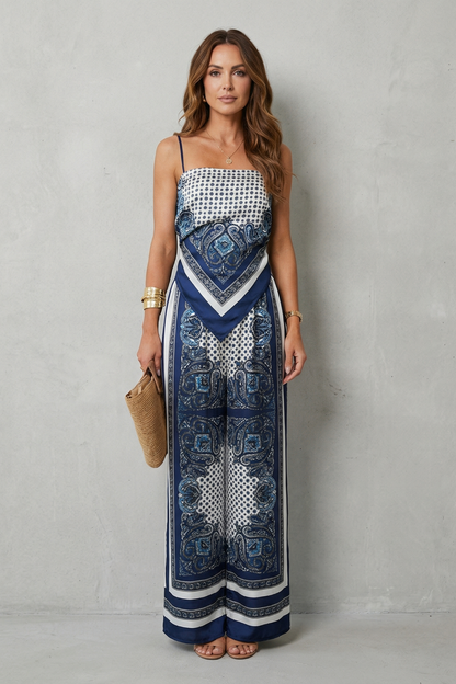 Phoebe | Wide-Leg Jumpsuit Navy Blue Paisley Print Spaghetti Strap for Women