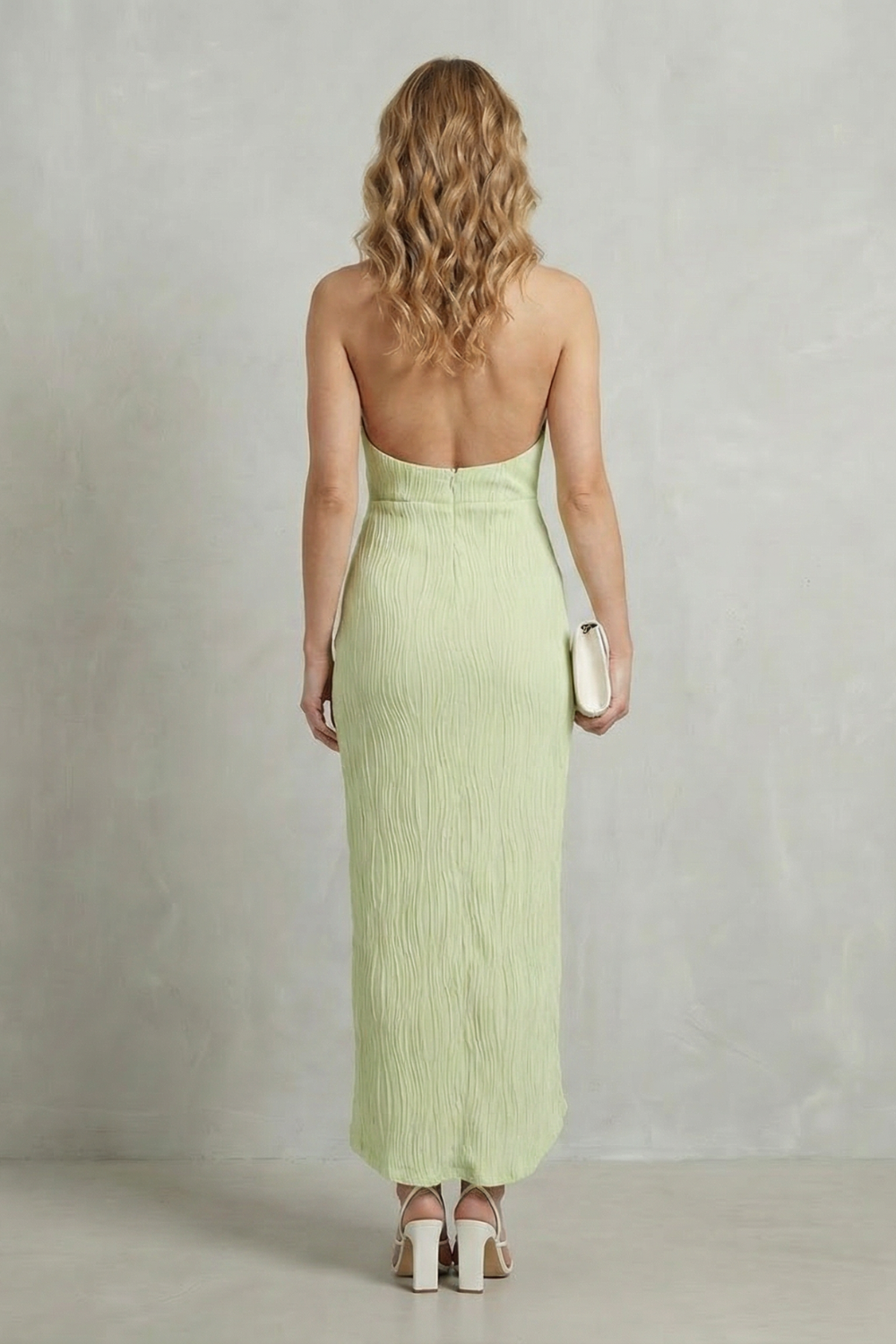 Halcyon | Maxi Dress Sage Green Pleated Halter Neck Backless for Women