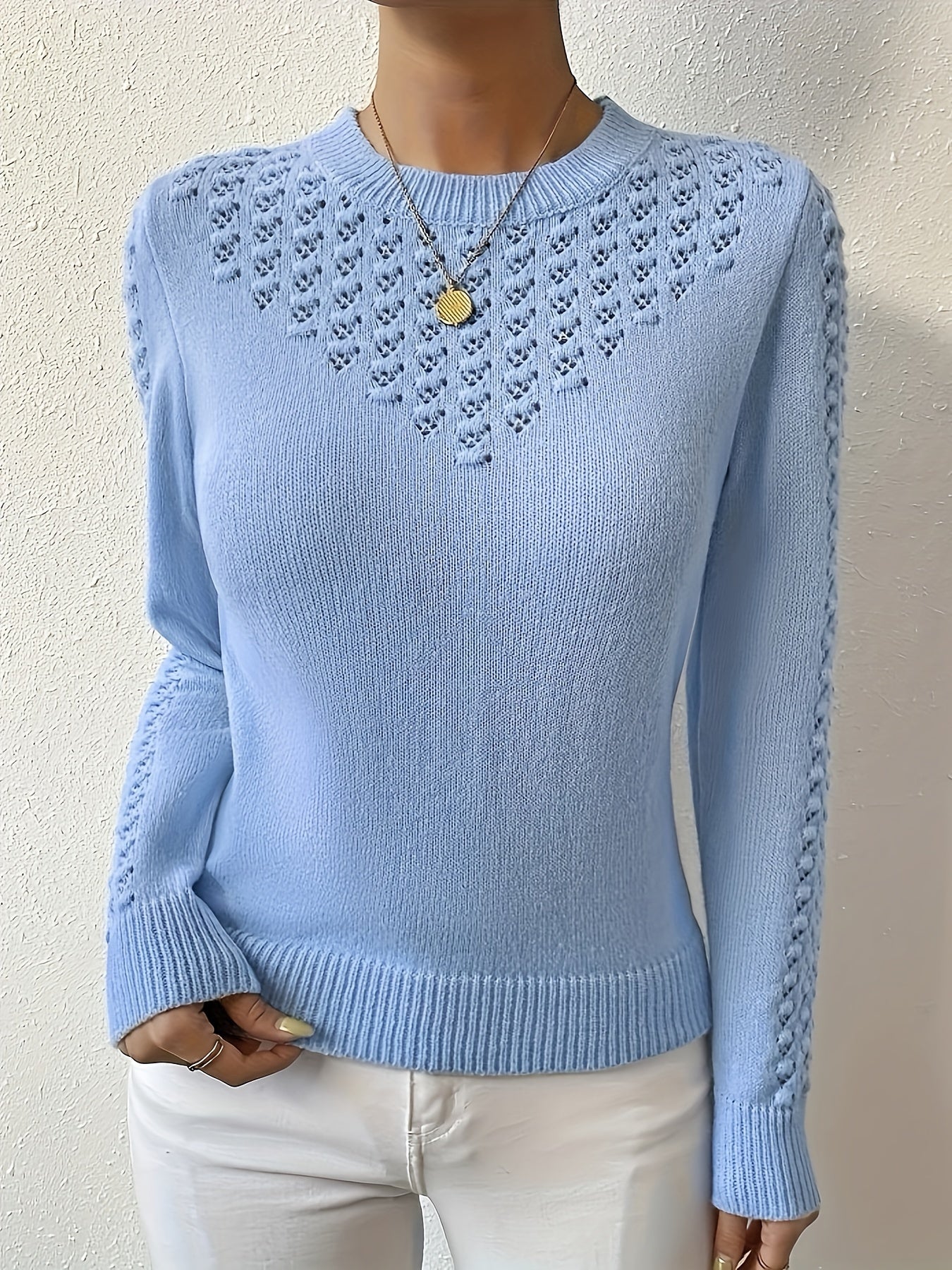 Gaynor | Pointelle-Knit Round Neck Sweater Blue Openwork for Women