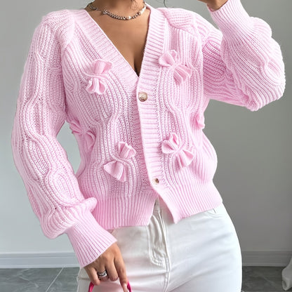 Nerissa | Cardigan Pink Knit Bow-Detail V-Neck for Women