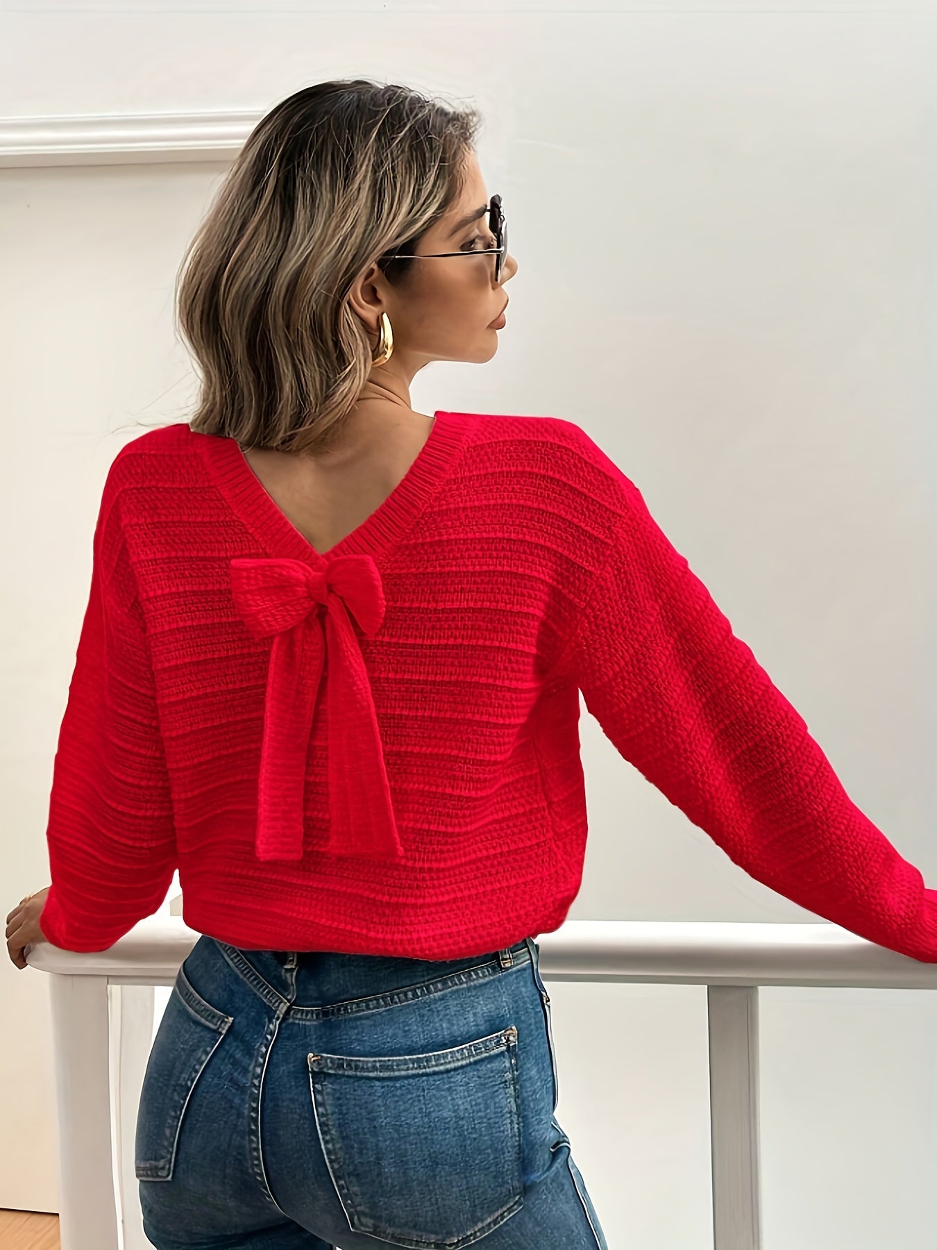 Oriana | Sweater Cream Ribbed Knit Bow-Tie Back for Women