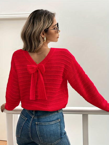 Oriana | Sweater Cream Ribbed Knit Bow-Tie Back for Women