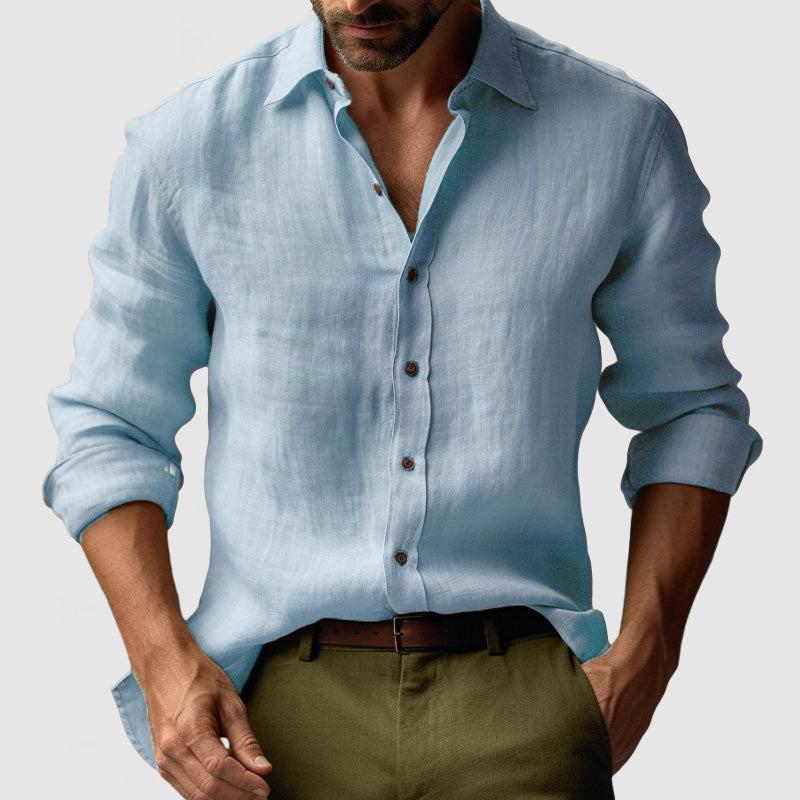 George | Linen Shirt Amber Yellow Long Sleeve Button Front for Men