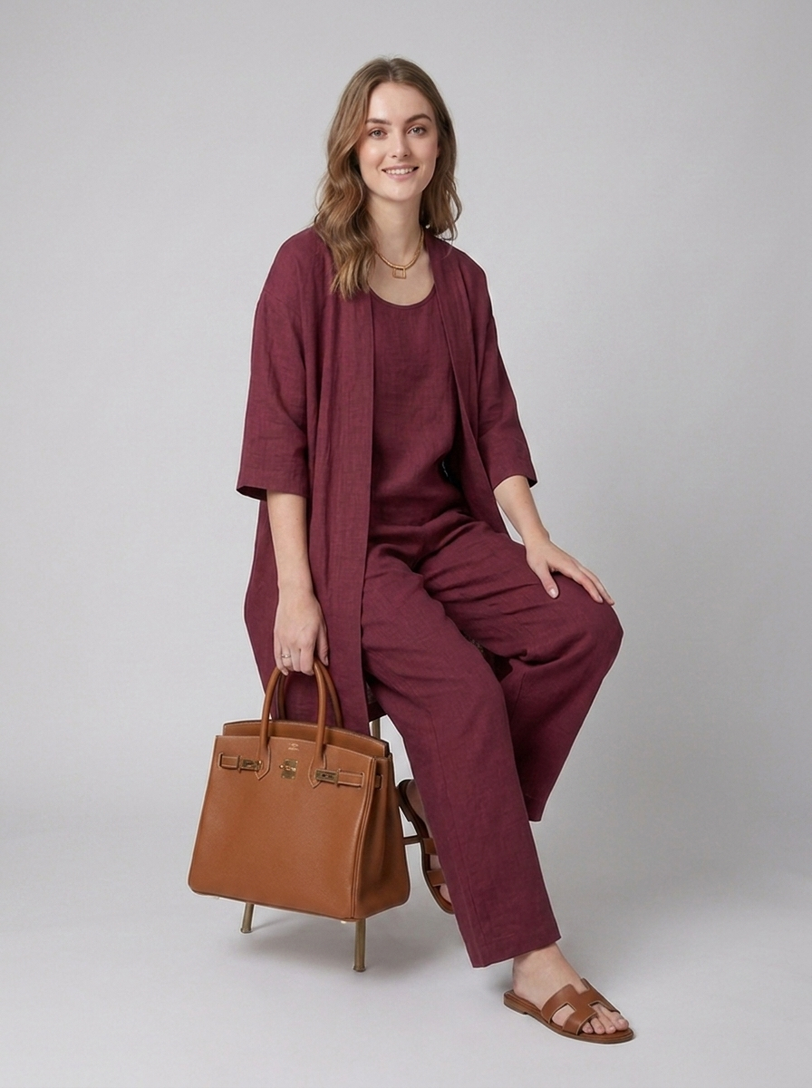 Cecily | Three-Piece Linen Co-ord Set Berry Wide-Leg Trousers & Longline Cardigan for Women