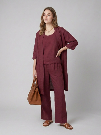Cecily | Three-Piece Linen Co-ord Set Berry Wide-Leg Trousers & Longline Cardigan for Women