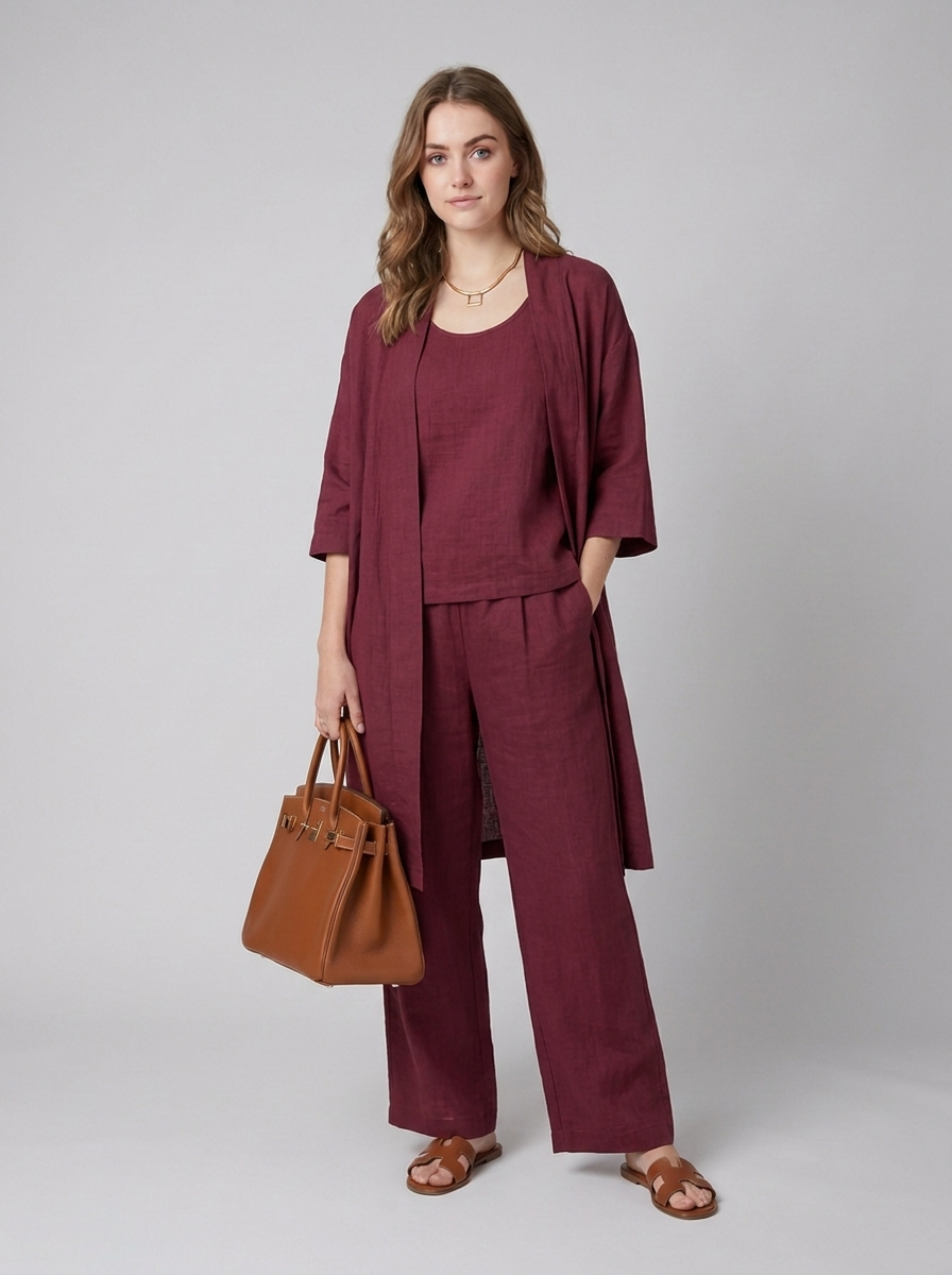Cecily | Three-Piece Linen Co-ord Set Berry Wide-Leg Trousers & Longline Cardigan for Women