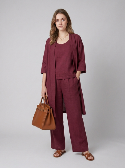 Cecily | Three-Piece Linen Co-ord Set Berry Wide-Leg Trousers & Longline Cardigan for Women