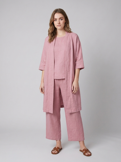 Cecily | Three-Piece Linen Co-ord Set Berry Wide-Leg Trousers & Longline Cardigan for Women