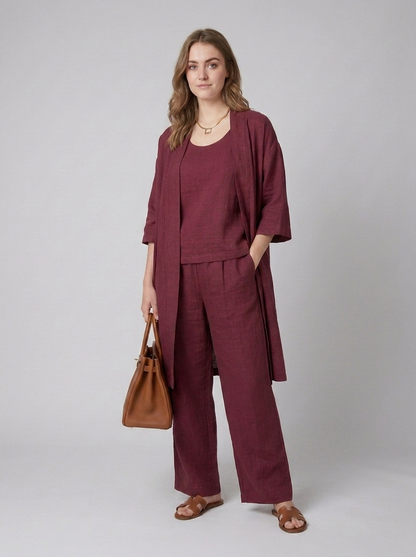 Cecily | Three-Piece Linen Co-ord Set Berry Wide-Leg Trousers & Longline Cardigan for Women