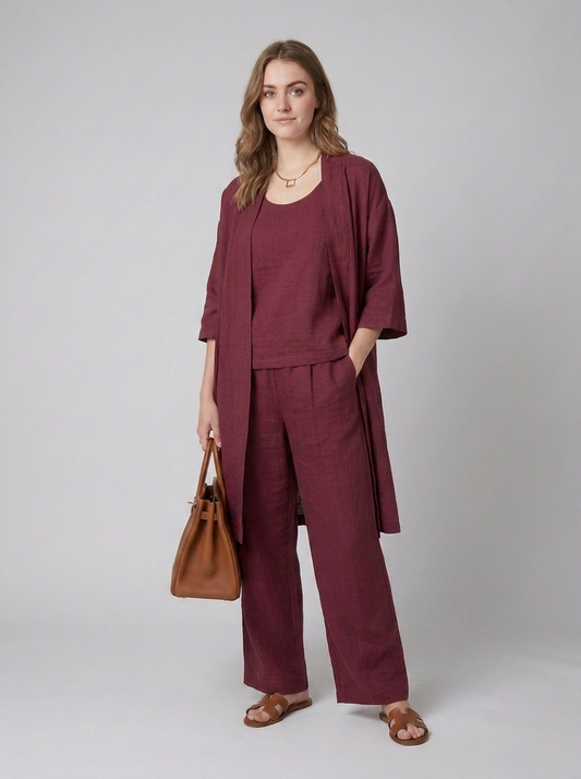 Cecily | Three-Piece Linen Co-ord Set Berry Wide-Leg Trousers & Longline Cardigan for Women