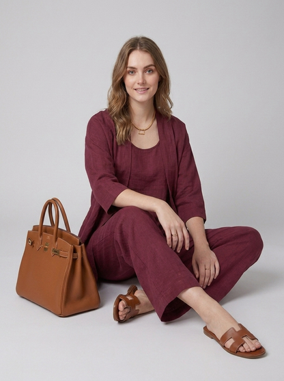 Cecily | Three-Piece Linen Co-ord Set Berry Wide-Leg Trousers & Longline Cardigan for Women